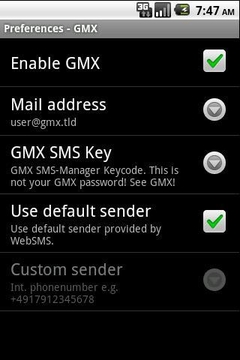 网络短信：GMX连接器截图