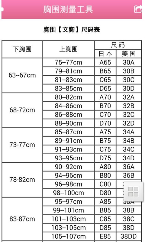 胸围尺码表截图3