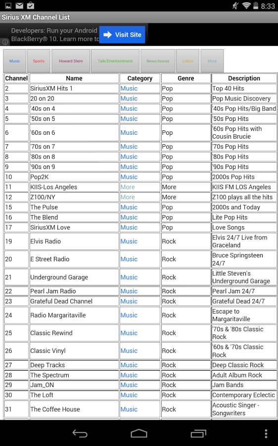 sirius xm channel list