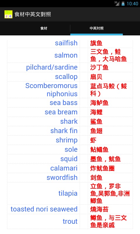 食材中英文对照截图3