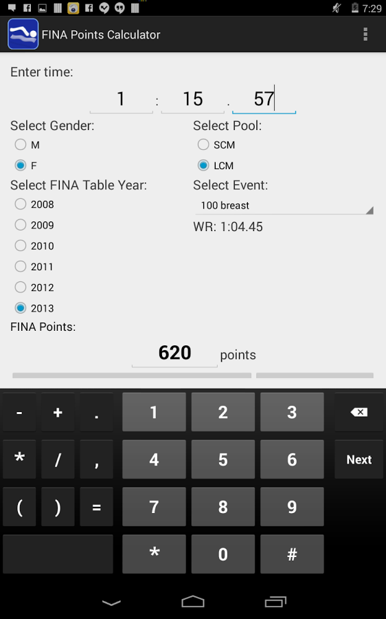 SWIM FINA Points Calculator截图4