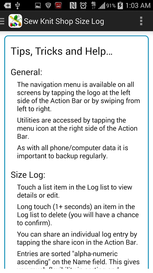 Sew Knit Shop Size Log截图6