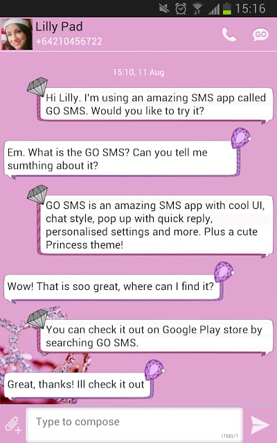 GO SMS Pro SWEET Pink Princess截图3