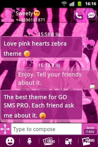 GO SMS Pink Theme Heart Zebra截图2