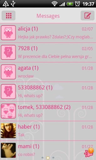 GO SMS Pro Pink Owl Theme截图4