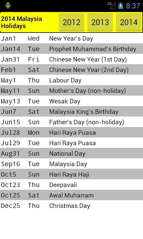 Malaysia Holiday Calendar 2014截图1