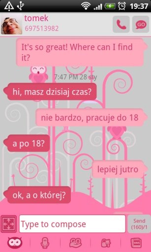 GO SMS Pro Pink Owl Theme截图6