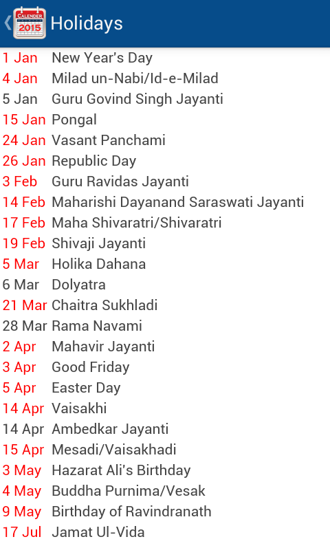 2015 Holiday Calendar India截图6